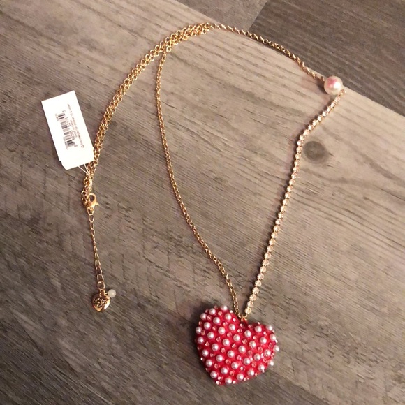 Betsey Johnson Gold Tone XOXO Red Heart Pendant Necklace Crystal Chain Accent - Picture 2 of 14